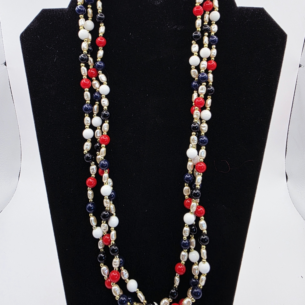 Stylish Triple-Strand Red, Navy, White And Black Beaded Necklace
